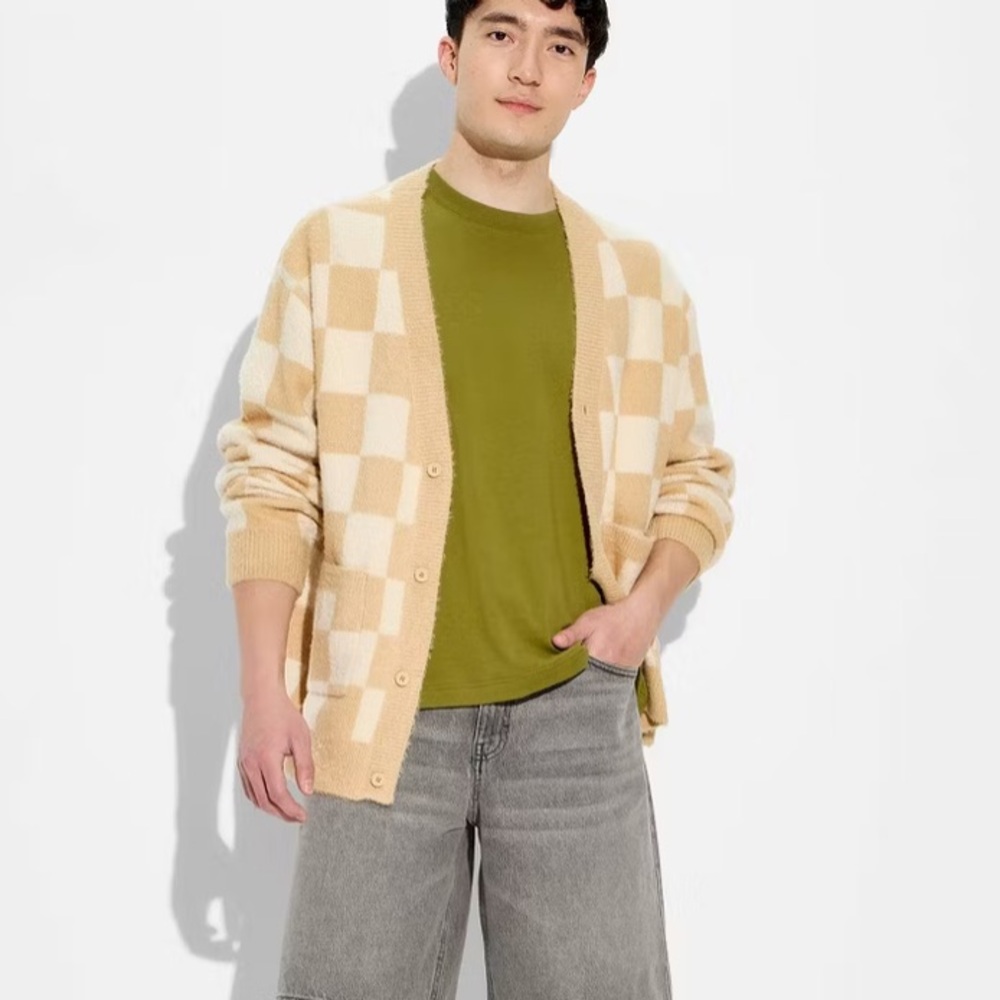 Original Use Beige & Cream Checker Knit Cardigan - Men's Sweater Sz L